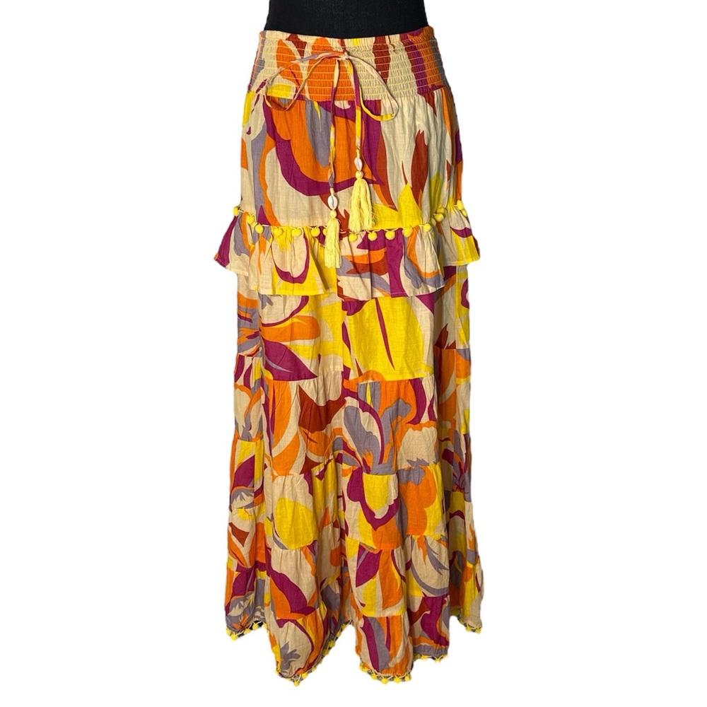 TRUE DESTINATIONS Tiered A-line Boho Maxi Skirt Flowy Layers Floral Pompom Small